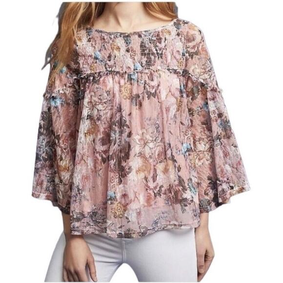 Anthropologie Akemi + Kin Floral Lace Smocked Patrizia Blouse - Picture 2 of 7